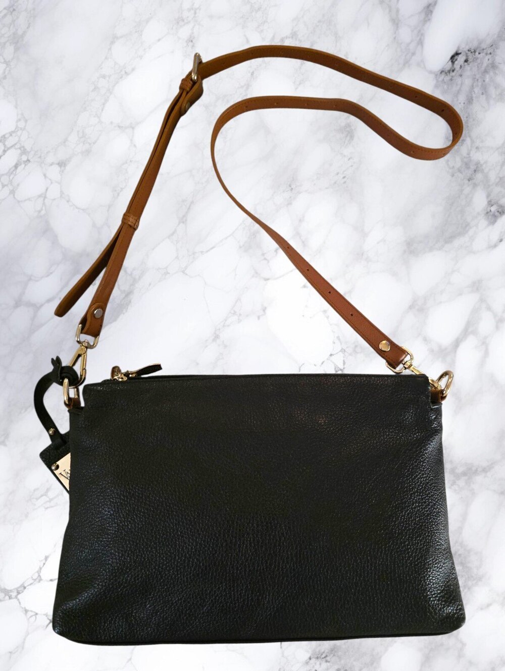Valentina Italy Genuine Leather Black Triple Zip Crossbody Shoulder Bag